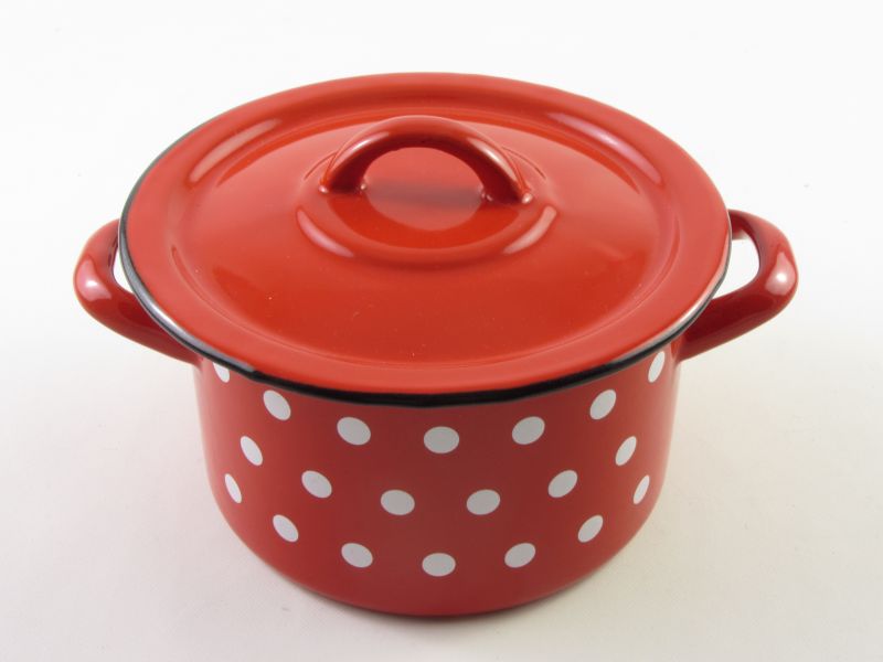 Bonyhádi zománcozott fazék fedővel 2 liter 16 cm - hagyományos piros pöttyös