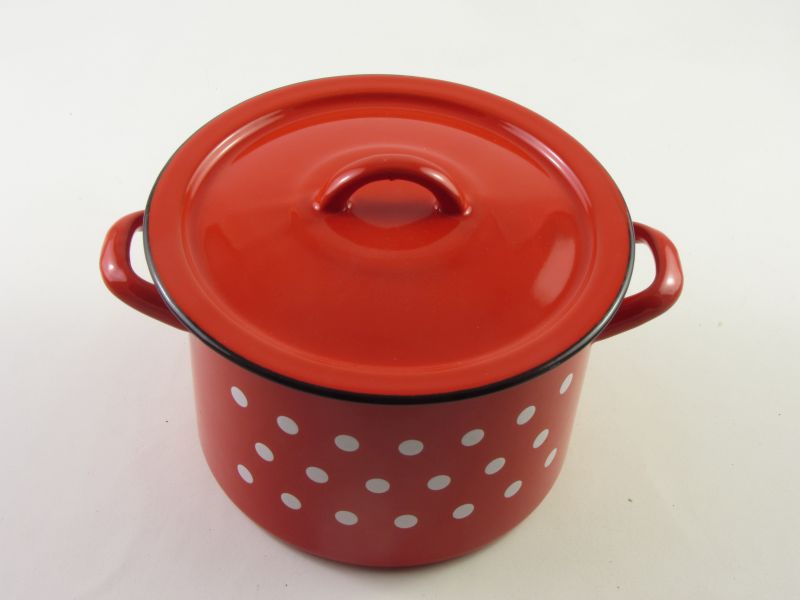 Bonyhádi zománcozott fazék fedővel 3 liter 18 cm - hagyományos piros pöttyös