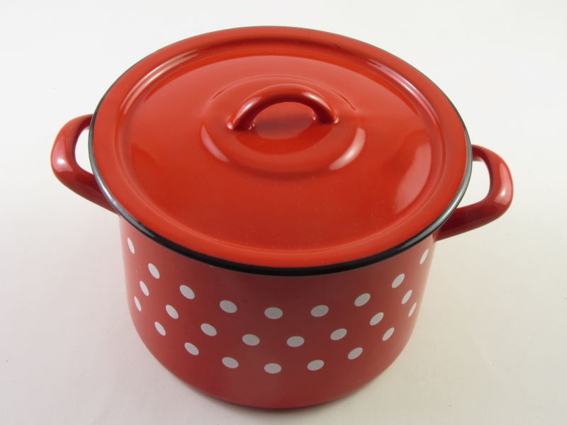 Bonyhádi zománcozott fazék fedővel 4,25 liter 20 cm - hagyományos piros pöttyös