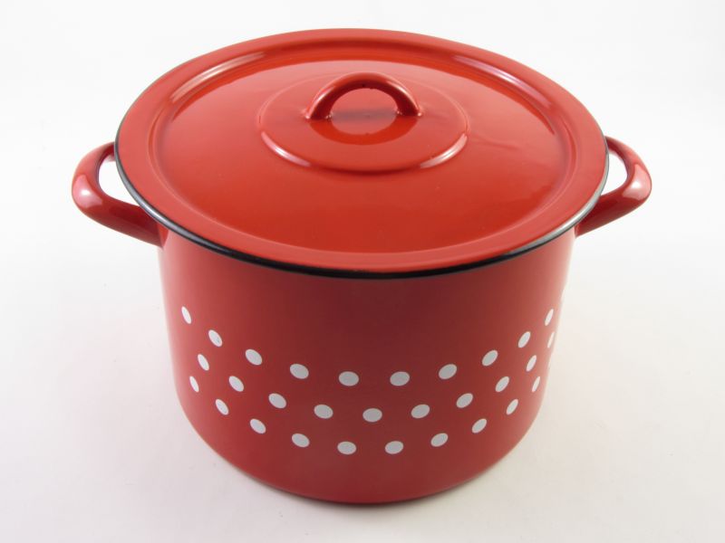 Bonyhádi zománcozott fazék fedővel 7,5 liter 24 cm - hagyományos piros pöttyös