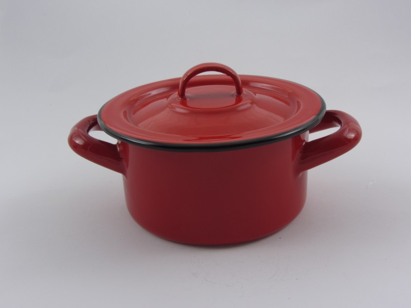Bonyhádi zománcozott lábas fedővel 0,7 liter 12 cm - hagyományos piros magas