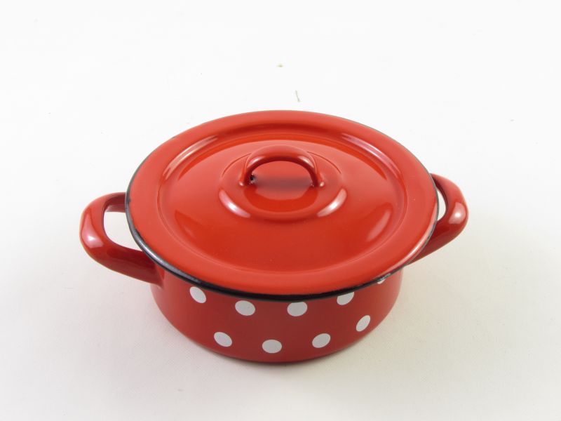 Bonyhádi zománcozott lábas fedővel 0,75 liter 14 cm - hagyományos piros pöttyös