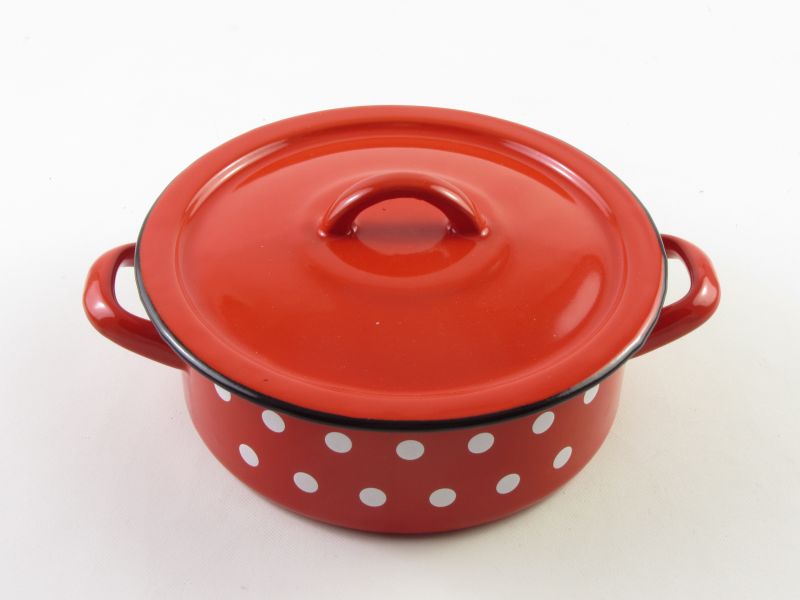 Bonyhádi zománcozott lábas fedővel 1,5 liter 18 cm - hagyományos piros pöttyös
