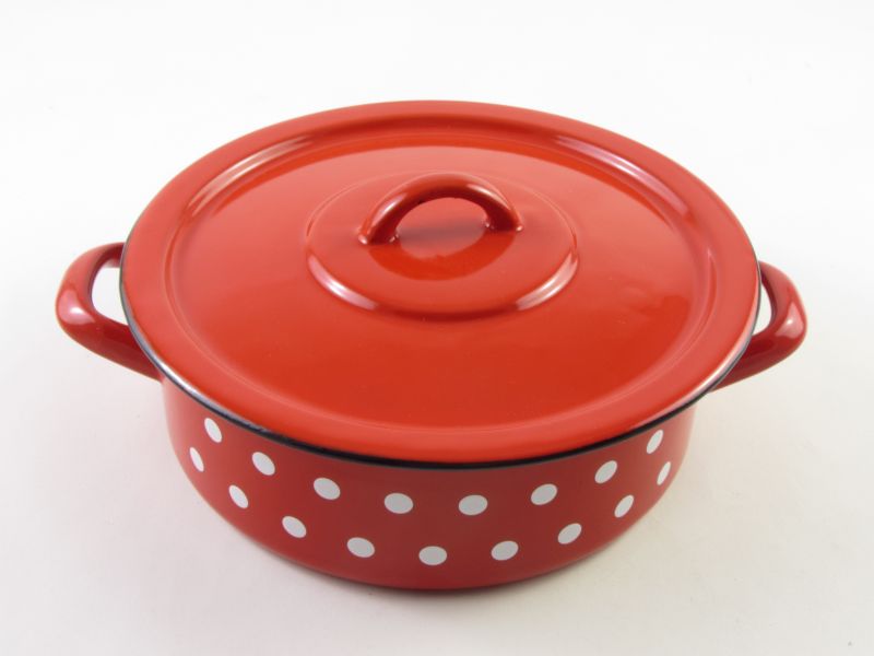 Bonyhádi zománcozott lábas fedővel 2,75 liter 22 cm - hagyományos piros pöttyös