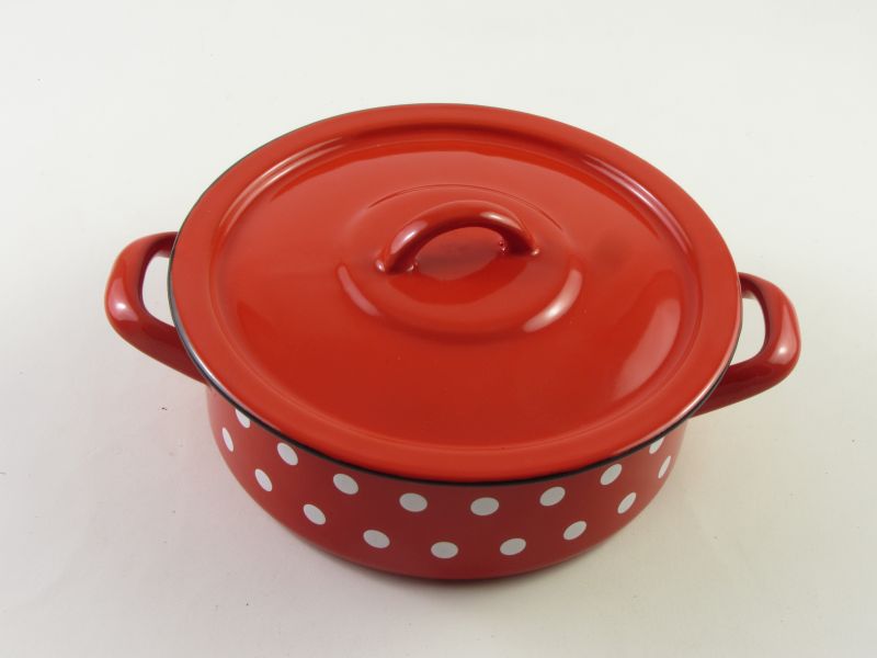 Bonyhádi zománcozott lábas fedővel 2 liter 20 cm - hagyományos piros pöttyös