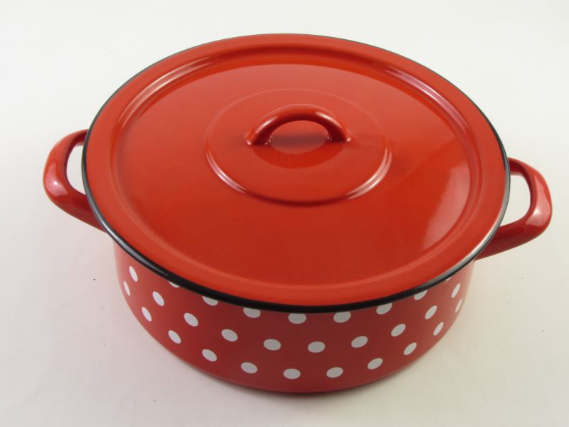Bonyhádi zománcozott lábas fedővel 4 liter 24 cm - hagyományos piros pöttyös