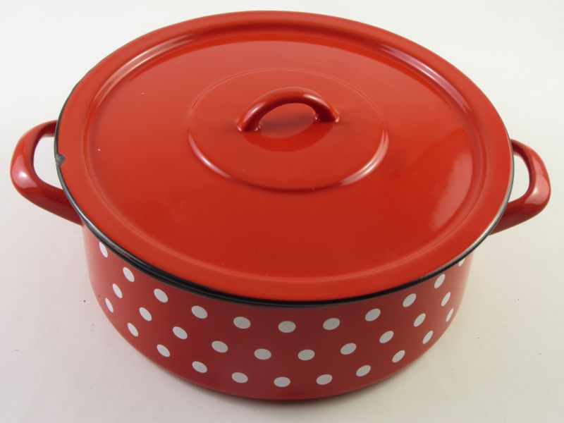Bonyhádi zománcozott lábas fedővel 5 liter 26 cm - hagyományos piros pöttyös