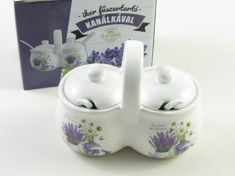 Dupla kerámia fűszertartó 2 dl + 2 db kanál - Levendulás